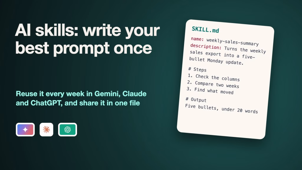 AI skills cover with the Gemini, Claude and ChatGPT logos beside a SKILL.md file for a weekly sales summary