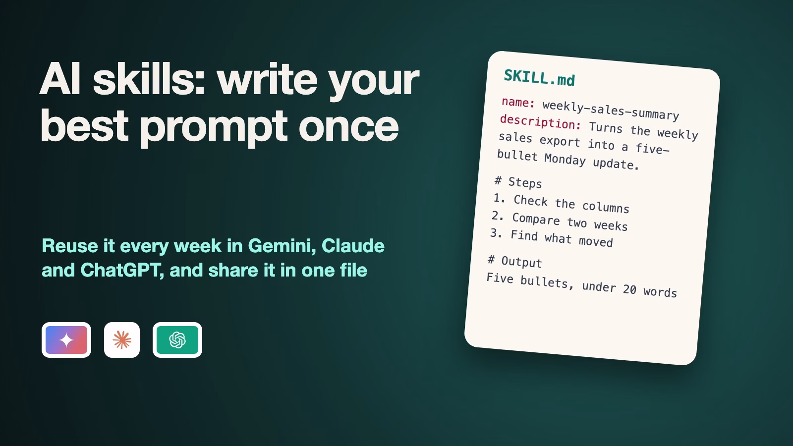 What AI skills are, and how to turn your best prompt into one you can reuse and share 1 AI skills cover with the Gemini, Claude and ChatGPT logos beside a SKILL.md file for a weekly sales summary