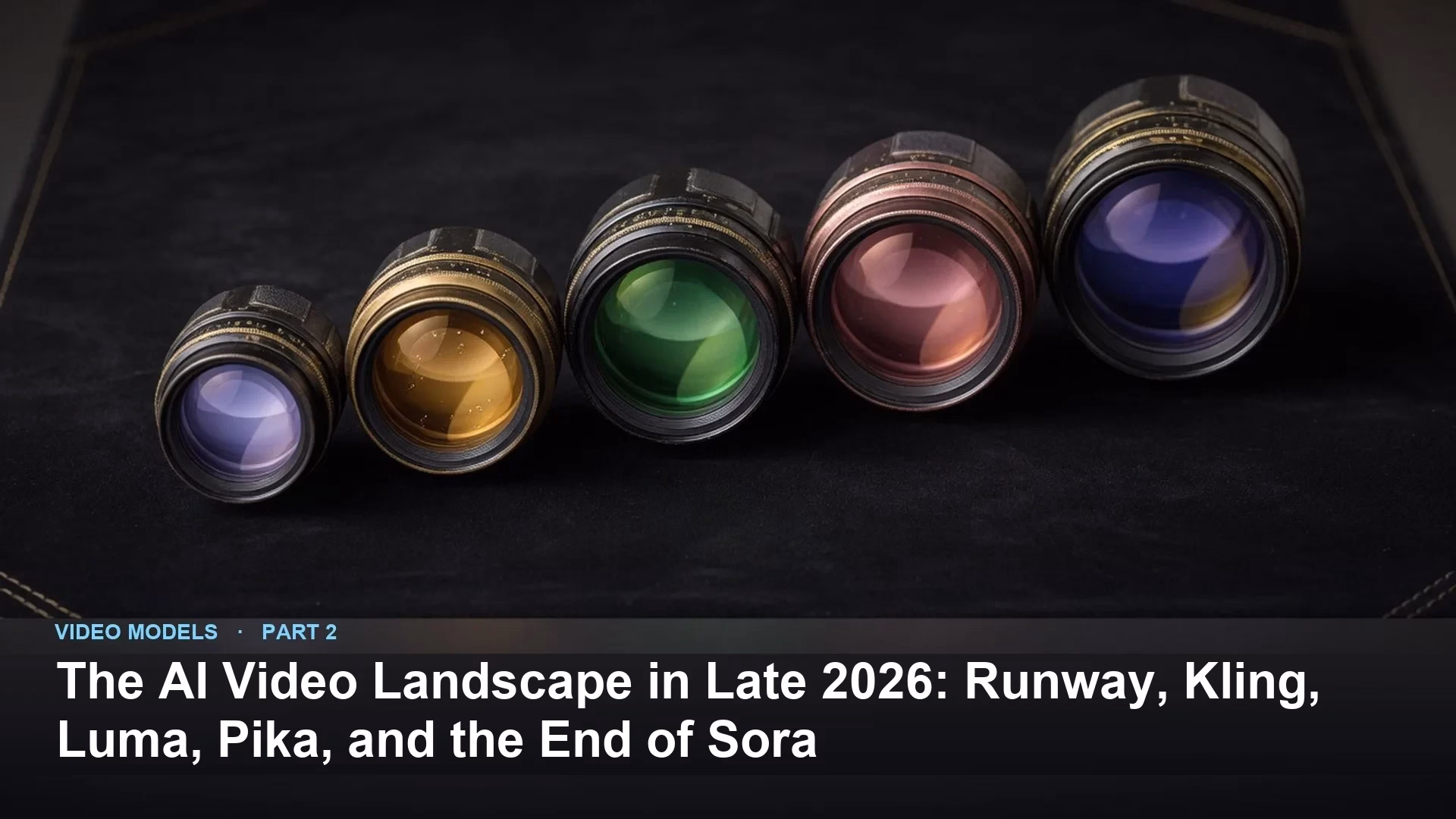 Five camera lenses in a row with the title The AI Video Landscape in Late 2026: Runway, Kling, Luma, Pika, and the End of Sora