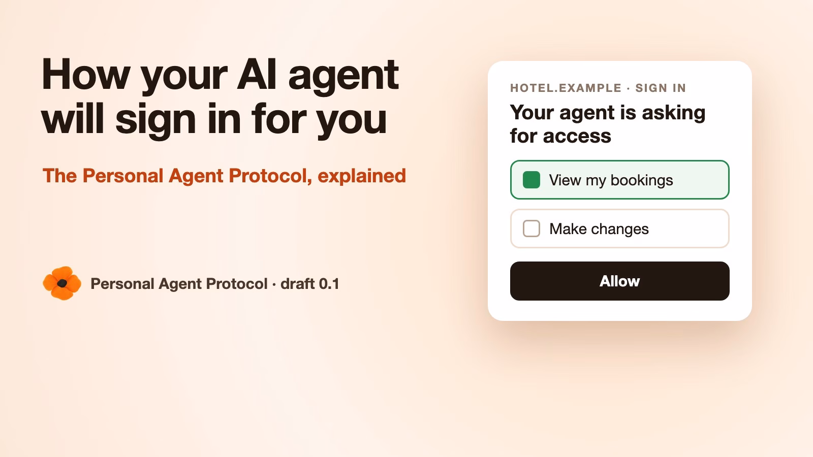 Cover with the Personal Agent Protocol poppy logo: How your AI agent will sign in for you, with a sign-in card where view bookings is allowed and make changes is not.
