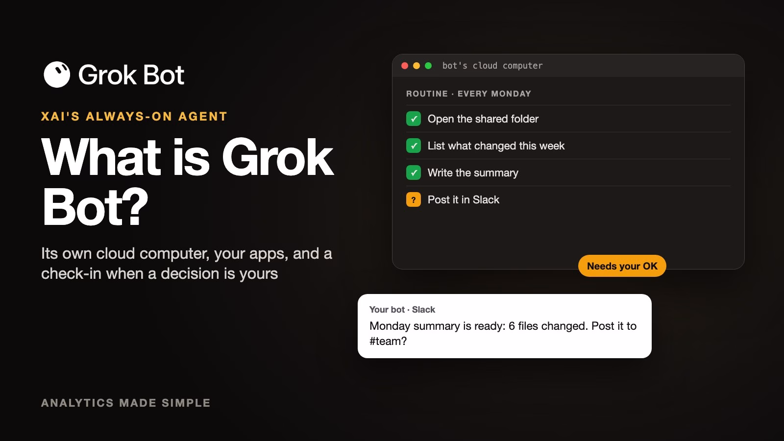 What is Grok Bot featured image with the Grok Bot logo: a routine on the bot's cloud computer finishes a Monday summary and asks for approval before posting to Slack