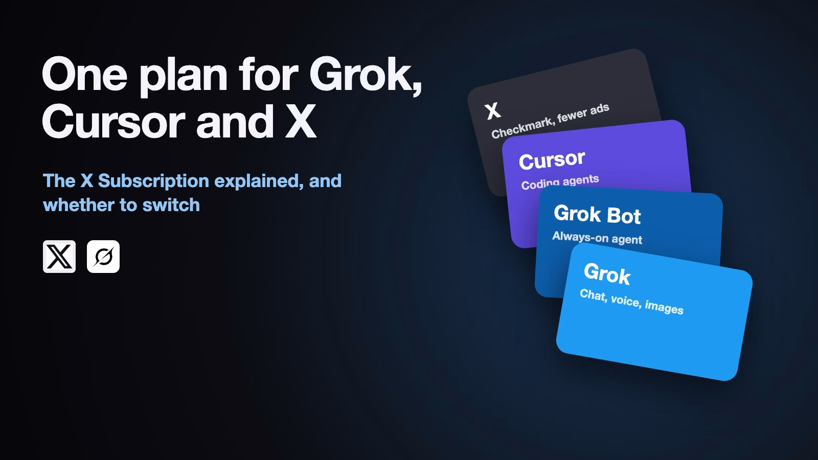 One plan for Grok, Cursor and X: the X Subscription explained, and whether to switch. Four fanned cards labeled X, Cursor, Grok Bot and Grok, with the X and Grok logos.